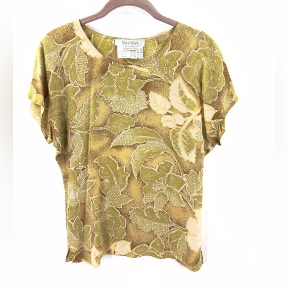 Max Mara 100% Silk Short Sleeve Blouse Top Size 2 Floral Leaf Print Green Yellow - Picture 1 of 8